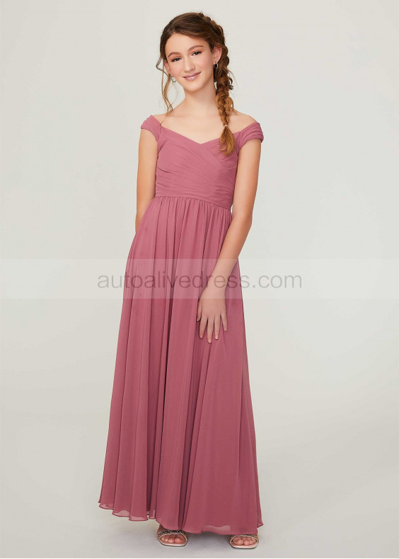 Off Shoulder Rosewood Pleated Chiffon Sweet Junior Bridesmaid Dress